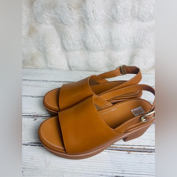 Fitflop Pilar Tan Leather Back Strap Platform Chunky Heel Mule Sandals Sz 8 - Picture 3 of 15